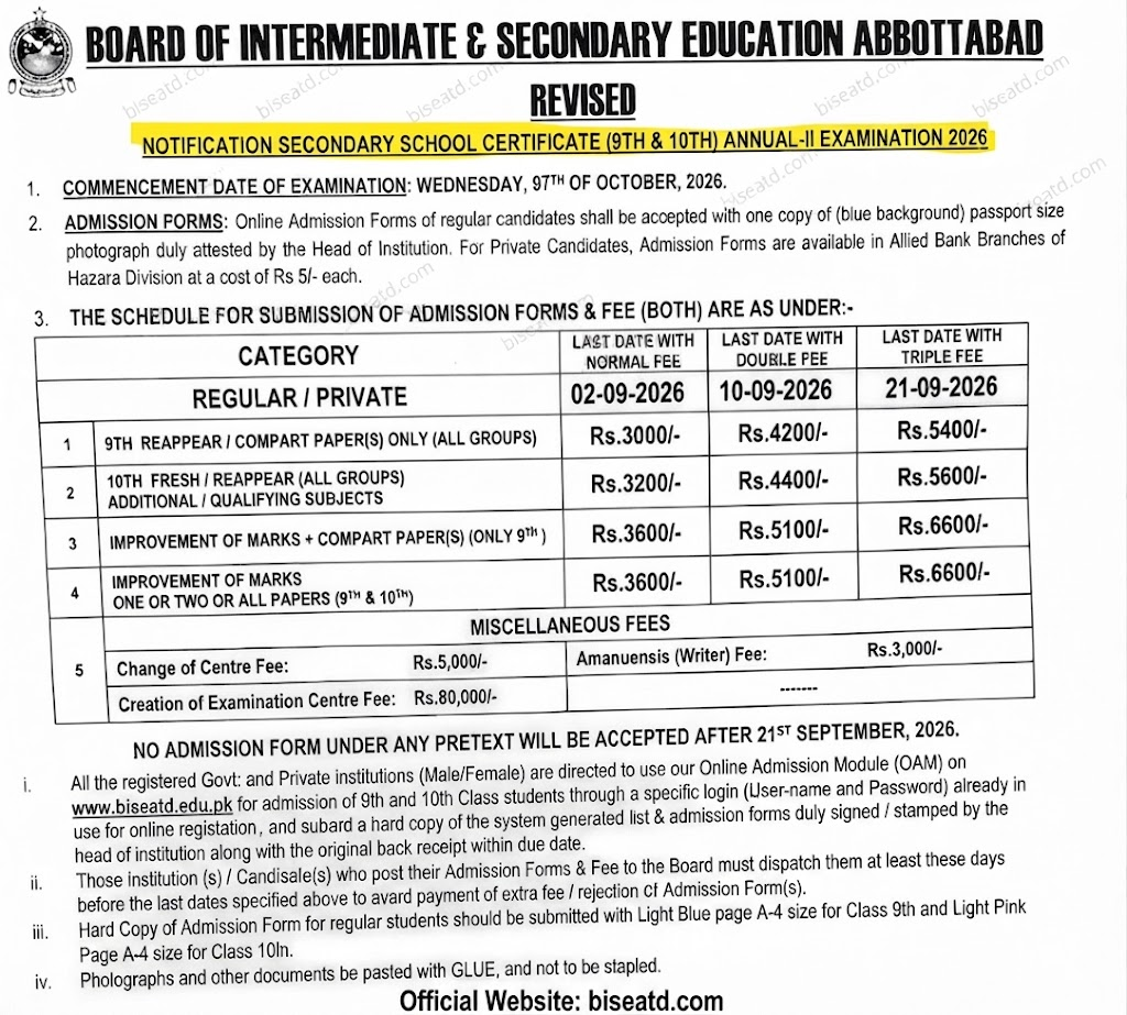 BISE Abbottabad Revised SSC Annual-II Examination 2026: Fee Schedule, and Instructions